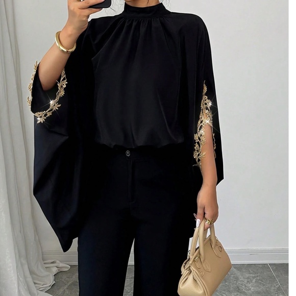 Tops - Classic Black Lace Embroidered Loose Fit Blouse